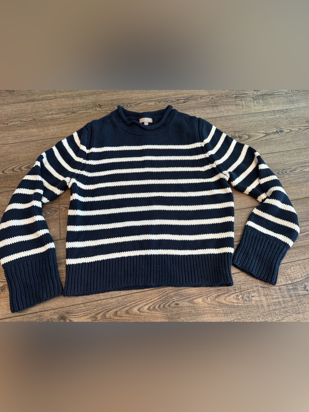 J. Crew Navy and Cream Striped Rollneck Sweater XL